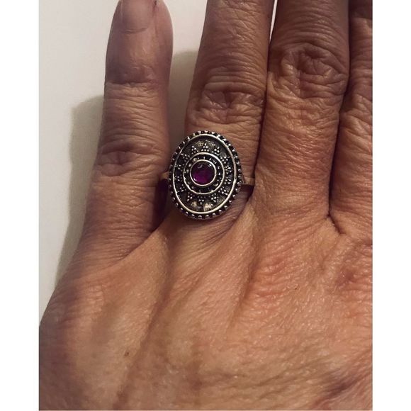 PRETTY SILVER COIN PURPLE STONE SILVER BOHO RING - Picture 1 of 5